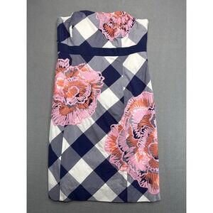 Lilly Pulitzer Dress Women 2 Blue Gingham Strapless Floral Embroidered 17424